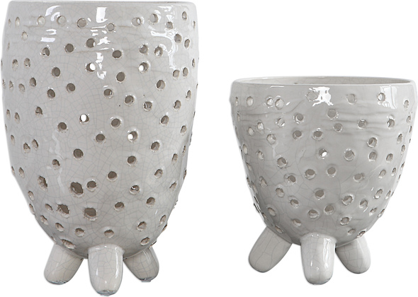 white ceramic cylinder vase Uttermost Vases Urns & Finials Set Of Mid-century Modern Tripod Base Vases Are Organically Shaped And Feature A Textured Crackled Ivory Ceramic With Pierced Holes.