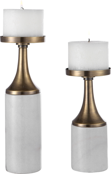 cheap candle holders Uttermost Candleholder Candleholders Set Of Two Candleholders Feature An Antique Brushed Brass Finish And An Elegant White Marble Foot. Two 4"x 3" Off-white Distressed Candles Included. 
Sizes: Sm-5x10x5, Lg-5x13x5