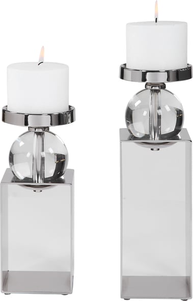 taper candle holder set Uttermost Candleholder Set Of Two Candleholders Featuring An Open Steel Frame, Finished In Polished Nickel With Crystal Accents. Two 4"x 3" Distressed White Candles Included. 
Sizes: Sm-5x12x5, Lg-5x15x5