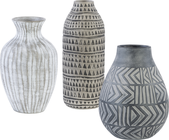 cheap glass flower vases Uttermost Vases Urns & Finials Set Of Three Earthenware Vases Are Finished In Light Gray, Charcoal And Natural Beige With Etched Geometric Patterns. Sizes: S-7x12x7, M-10x13x10, L-7x18x7