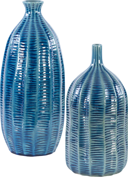 large tall flower vase Uttermost Vases Urns & Finials Earthenware Vases Finished In A Cobalt Blue Glaze With Carved Textural Detail. Sizes: S-6x13x6, L-7x15x7