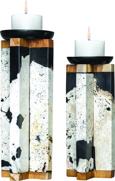 long votive candle holder Uttermost Candleholders Set Of Two Candleholders Feature Natural Coral Stone Bases With Teak Wood And Aged Black Accents. Two 3"x 3" White Candles Included. Sizes: Sm- 5x13x5, Lg- 6x16x6