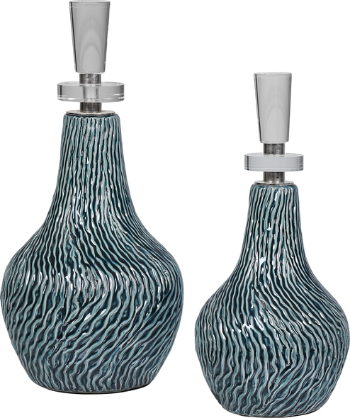 decorating with urns Uttermost Decorative Bottles & Canisters Set Of Two Ceramic Bottles Feature An Organic Textured Finish In A Distressed Dark Teal Glaze, Paired With Polished Nickel Accents And Thick Crystal Details. Sizes: S-6x14x6, L-8x16x8