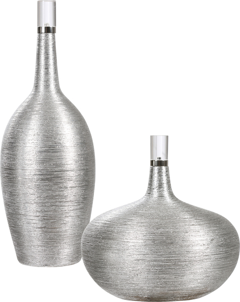 pretty trays for coffee table Uttermost Decorative Bottles & Canisters Set Of Two Ceramic Bottles Showcase A Subtle Ribbed Texture, Finished In Bright Silver Leaf With Crystal And Brushed Nickel Accents. Sizes: S-10x11x10, L-6x17x6