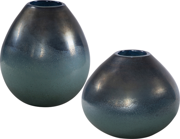 glass urn vase Uttermost Vases Urns & Finials Set Of Two Glass Vases Finished In An Iridescent Bronze Over Aqua. Sizes: S-9x8x9, L-8x10x8.