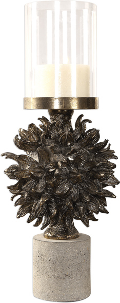candle wall sconce glass Uttermost Candleholders Candleholders Clear Glass Globe Above A Cluster Of Life-cast Hawaiian Autograph Tree Pods Rendered In An Antique Bronze Finish, Set On A Concrete Cylinder Base With One 4"x 3" Distressed Off-white Candle.