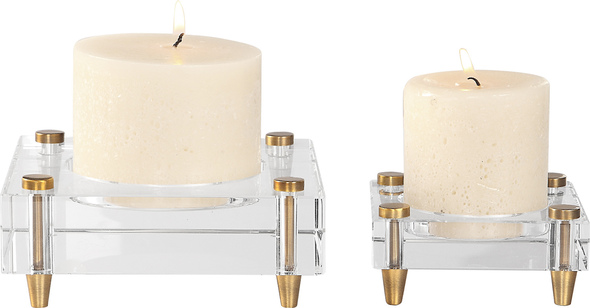 gothic candelabra centerpieces Uttermost Candleholders Heavy Crystal Block Candleholders, Suspended By Machined Brass Finished Legs. Includes One 3"x 3" And One 4"x 3" Distressed Off-white Candles.