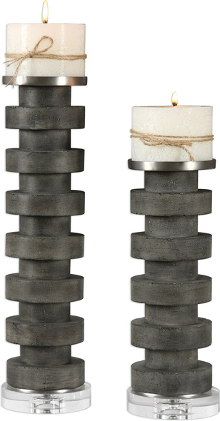 tall candle pillars Uttermost Candleholders Candleholders Charcoal Stained Concrete With Crystal Bases And Brushed Nickel Candle Cups. Two 4"x 3" Distressed White Candles.