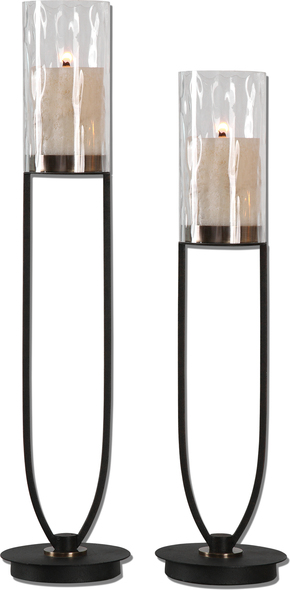 scroll candle holder Uttermost Candleholders Matte Black, Open Design Iron Work With Coffee Bronze Details, Clear Water Glass Globes And Two 4"x 5" Distressed Beige Candles.
