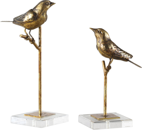 decorative garden sculptures Uttermost Figurines & Sculptures Antiqued, Gold Leaf Perched Birds Displayed On Crystal Bases.
