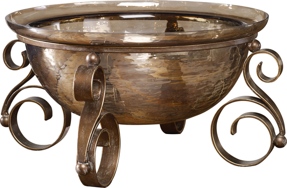 glass vase with ornaments Uttermost Decorative Bowls & Trays Copper Bronze Luster Glass Bowl Completed With An Aged Bronze, Scrolled Ironwork Base.