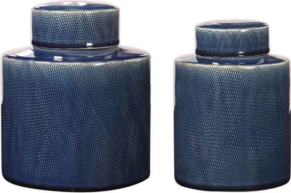 crystal accent pieces Uttermost Decorative Bottles & Canisters This Set Of Two, Sapphire Blue Ceramic Containers Feature A Geometric Pattern With Ivory Undertones And Lift-off Lids.