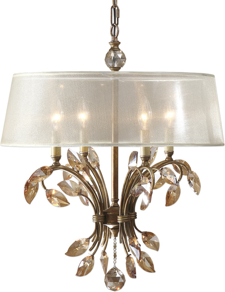 3 light silver chandelier Uttermost Drum Pendants Burnished Gold Metal With Golden Teak Crystal Leaves And A Silken Champagne Sheer Fabric Shade. NA