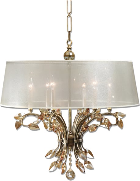 candelabra light fixture Uttermost Chandeliers Burnished Gold Metal With Golden Teak Crystal Leaves And A Silken Champagne Sheer Fabric Shade. NA