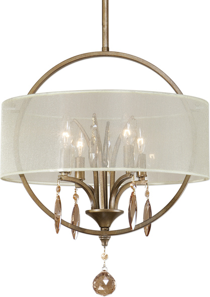 brass chandelier pendant light Uttermost Drum Pendants Burnished Gold Metal With Golden Teak Crystal Leaves And A Silken Champagne Sheer Fabric Shade. NA