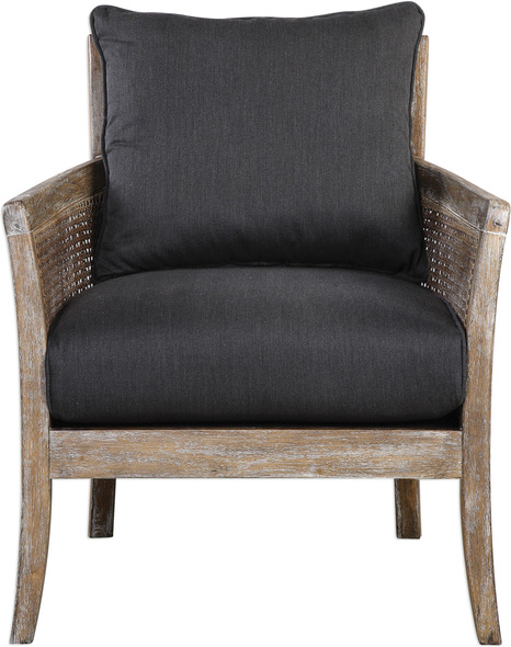 small velvet accent chair Uttermost  Accent Chairs & Armchairs High Supportive Back And Curvy Flair Arms Make A Grand Style Statement In A Warm, Washed And Hand Rubbed Sandstone Exposed Hardwood Finish With Cane Sides And Tailored In A Durable Yet Lush Dark Gray Fabric. Seat Height Is 20”.