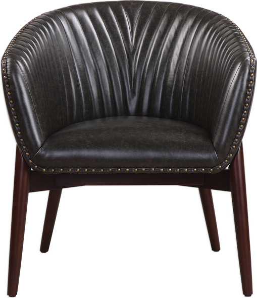 egg armchair Uttermost  Accent Chairs & Armchairs This High Style Design Features A Modernized Take On Scandinavian Style With "V" Shaped Channel-stitched Faux Leather, Distressed In A Casual Onyx With Contrasting Antiqued Brass Nail Head Trim. The Seat Rests In A Solid Oak Wood Frame Finished In A Smooth Walnut Stain. Seat Height Is 18".