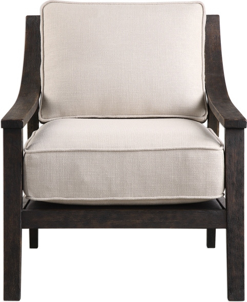royal blue armchair Uttermost  Accent Chairs & Armchairs A Casual Combination With A Modern Take, This Open Back Accent Chair Features A Dramatically Curved Rustic Hardwood Frame With Exposed Grain Under A Rich Walnut Finish. Welt Trimmed Comfortable Box Cushions Are A Neutral Beige Linen Blended Fabric. Seat Height Is 18".