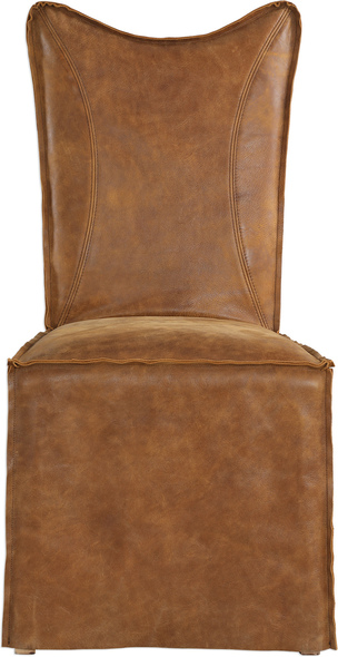 design accent chair Uttermost  Accent Chairs & Armchairs Thick Top Grain Nubuck Leather Slipcover Chair In A Distressed Hand-sanded Cognac With A Tailored Double Stitched Design And Casual Flange Edges, Featuring A Button Closure Back. Because Leather Is A Natural Product, Both Texture And Color Will Vary Slightly From Hide To Hide And Within The Same Hide. Slipcovers Packaged Separately. Sold As A Set Of 2. Seat Height Is 19".