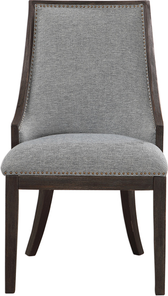 navy blue arm chairs Uttermost  Accent Chairs & Armchairs Curved Back Design In A Woven Light Denim, Accented By Antique Brass Nail Head Trim. Wirebrushed Birch Frame Is Finished In An Ebony Stain. Seat Height Is 21".