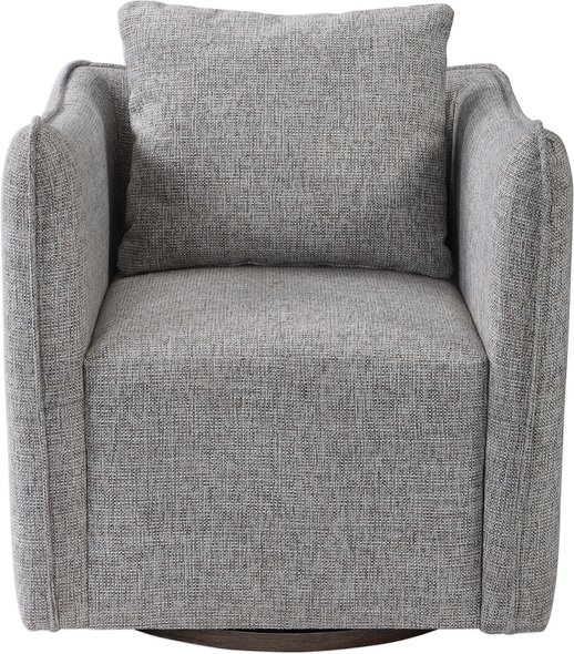small beige accent chair Uttermost  Accent Chairs & Armchairs Casual Shelter Arm Accent Chair Tailored In A Woven Linen Blend Fabric In Natural Stone Hues, Featuring A Flanged Edge Trim Complete With A Loose Back Pillow. Rests On A Solid Birch Wood Swivel Base, Finished In A Weathered Gray Stain. Seat Height Is 19".