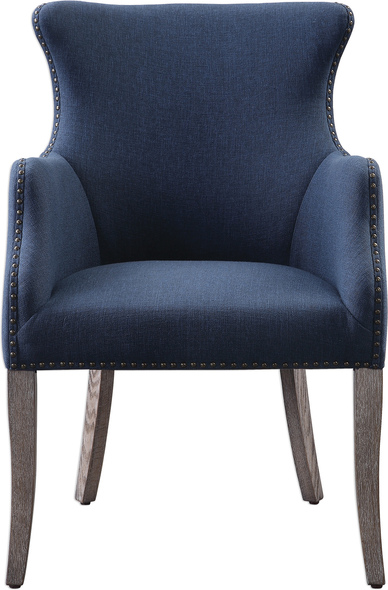 chair french Uttermost  Accent Chairs & Armchairs Contemporary Style Can Be Found In This Solidly Constructed Wing Chair. Featuring A Denim Blue Linen Blend Fabric Accented With Antique Bronze Nail Head Trim, On Slightly Tapered Oak Legs In A Weathered Sandstone Finish With A Light Tan Glaze. Seat Height Is 19".