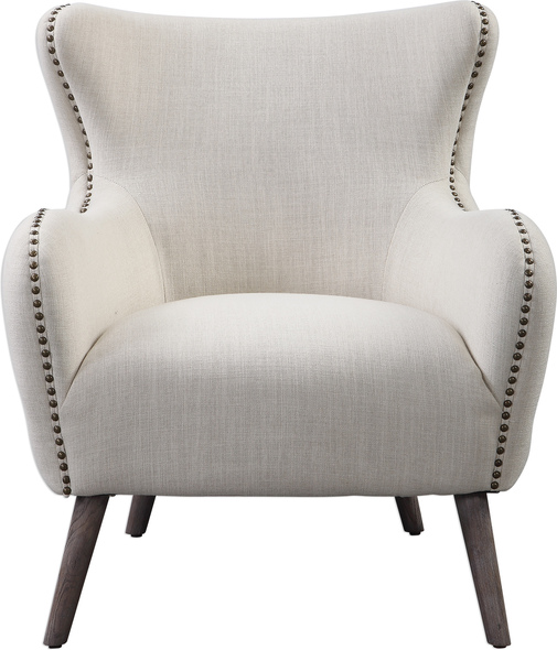 wingback chairs near me Uttermost  Accent Chairs & Armchairs Add Classic Elegance To A Space With This Wing Back Lounge Chair. Covered In A Cream Linen Blend Fabric, Complete With A Button Tufted Exterior And Trimmed With Antique Bronze Finished Nail Heads. The Accent Chair Is Set On Oak Finished Dowel Legs With A Lightly Applied Gray Wash, Showcasing The Natural Wood Grain. Seat Height Is 18".