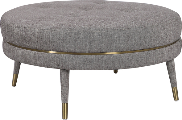 accent chair with blue sofa Uttermost  Ottomans & Poufs A Plush Button Tufted Ottoman Tailored In A Taupe-brown Linen Blend Fabric. Features Brushed Brass Stainless Steel Trim And Feet Caps, Adding A Mid-century Feel.
