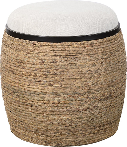 club chair with ottoman Uttermost  Accent Stools A Unique Blend Of Casual And Coastal Styles, This Accent Stool Is A Versatile Piece That Can Be Used As Seating Or A Footrest. The Round Base Is Wrapped In Natural Braided Straw With Matte Black Iron Details With A Plush Upholstered Seat In Light Beige.