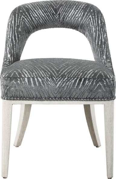 loungers for living room Uttermost Accent Chairs & Armchairs Perfect For Dining, Office, Or Vanity Use, This Open Back Accent Chair Features A Charcoal And Light Gray Animal Print Chenille With Welt Trim Details Over A Solid Wood Frame In A Lightly Distressed Off-white Finish With Light Gray Glazed Distressing. Seat Height Is 20".