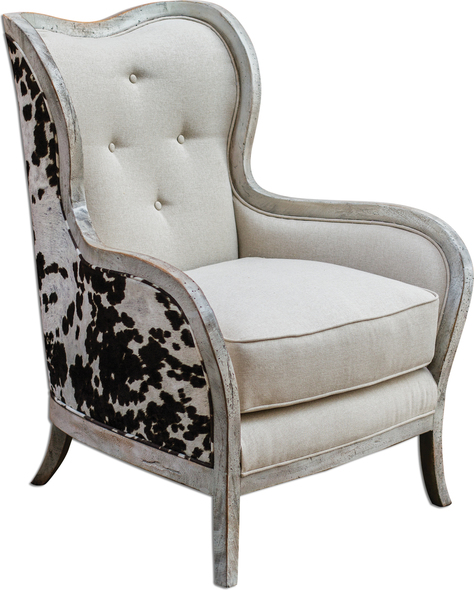 lounge chair with chaise Uttermost  Accent Chairs & Armchairs Curvy, Exposed Wood Frame Is Solid Mahogany Hardwood In An Aged, Bone-white Finish, Separating The Dark Chocolate And Milky White Velvet Outer Surround From The Soft, Neutral Linen Box Cushion And Tufted Inside Back. Matthew Williams