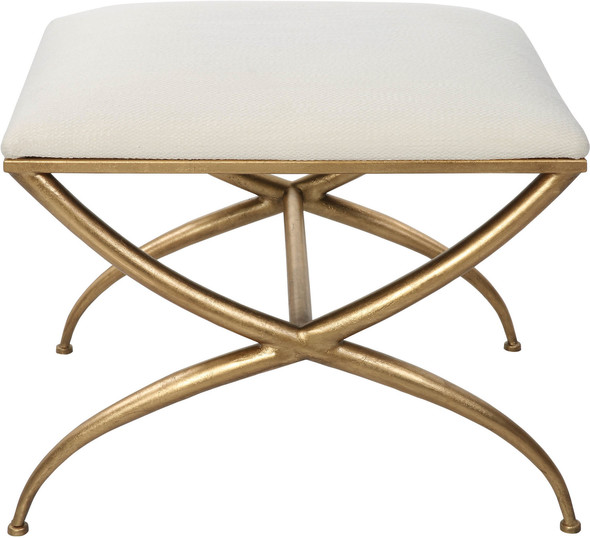 blue accent chair cheap Uttermost Benches Classic Yet Stylish, This Small Bench Features A Curved Iron Frame Finished In An Elegant Gold Leaf. The Cushioned Top Is Upholstered In A Crisp White Fabric, Doubling As A Comfortable Seat Or Footrest.
