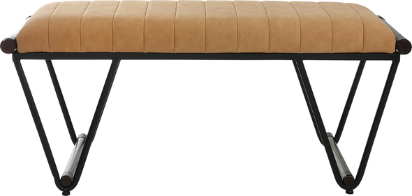 wooden shoe bench Uttermost Benches Sporting A Contemporary Look With A Mid-century Feel, This Stylish Bench Features A Hand Forged Iron Frame In Matte Black, Topped With A Rich Camel Faux Suede Cushion With Channel Tufted Details, Accented With Walnut Finished Pine Wood Dowels. Seat Height Is 19".