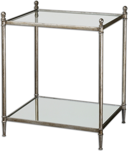 narrow side tables for living room Uttermost Accent & End Tables Forged Iron Frame In Antiqued Silver Leaf With Clear, Tempered Glass Top And Mirrored Gallery Shelf. Matthew Williams