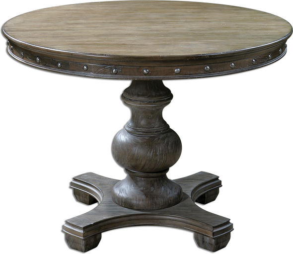 small sofa side table Uttermost Accent & End Tables A Light Gray Wash Softens The Look Of This Weathered, Natural Pine Table With Carved Apron And Silver Nail Accents. Sturdy Pedestal Base Is Fully Washed In Gray With Subtle Rub-through Distressing. Carolyn Kinder