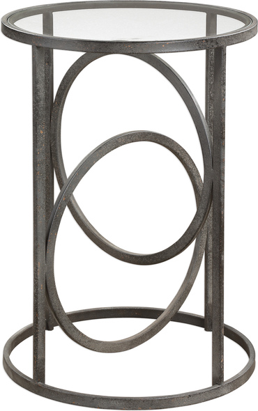 side table living room decor Uttermost Accent & End Tables Interlocking Loops Of Chunky Hand Forged Iron Finished In A Textured Aged Black With Gold Highlights. Top Is Clear Glass.