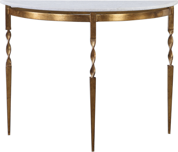 natural wood accent table Uttermost  Console & Sofa Tables Elegant In Design, This Demilune Console Table Features A Polished, White Marble Top. The Solid Cast Iron Base Is Accented With Twist Details And Tapered Legs In A Heavily Antiqued Gold Finish.