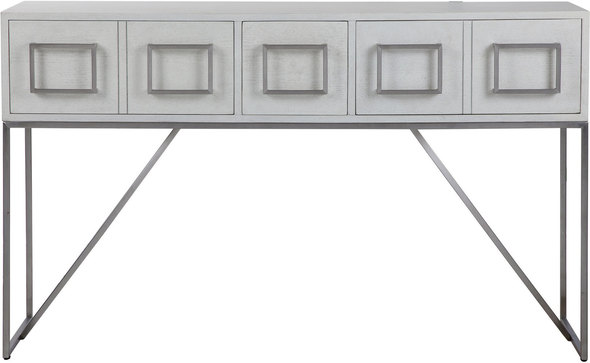 natural end table Uttermost  Console & Sofa Tables Clean Contemporary Styling, Featuring Oak Veneer Finished In A Soft White With Light Gray Distressing. Accented With Statement Hardware In Brushed Nickel Stainless Steel With A Coordinating Base. Has Two Double Drawers And One Single Drawer In The Center.