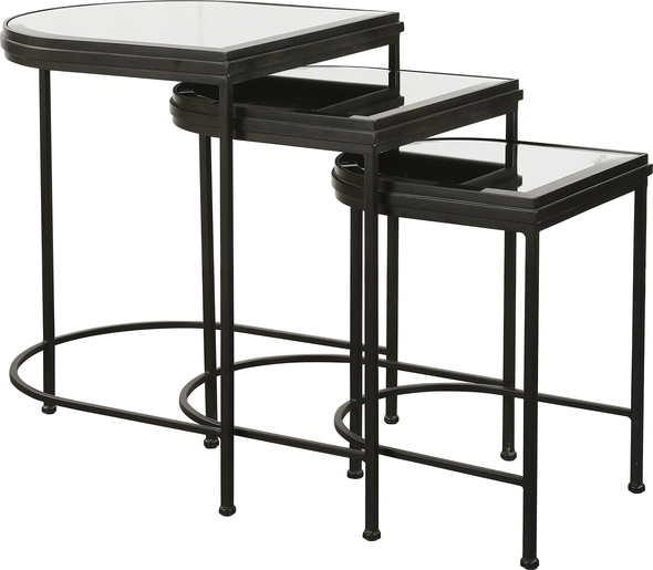 black wood end tables Uttermost Accent & End Tables Set Of Three Nesting Tables With An Elegantly Curved Hand Forged Iron Frame, Finished In Matte Black With Beveled Mirror Tops.