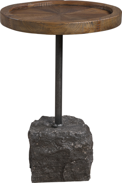 wood table base Uttermost Accent & End Tables A True Rustic Centerpiece, This Accent Table Appeals To Many Design Styles With A Natural Recycled Elm Top Showcasing An Inlaid Starburst Pattern. Accented With An Aged Iron Support Element And Stabilized By A Rough Chiseled Bluestone Block With Inherent White Marbling And Veining Throughout.