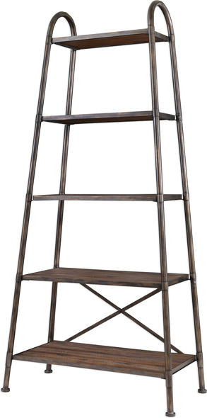 bookshelf styling ideas Uttermost Etagere This Urban Industrial Display Piece Provides Ample Storage Space Waiting To Be Accessorized. Features A Sturdy Iron Framework Finished In A Brushed Steel, With Distressed Acacia Wood Shelving Finished In A Warm Walnut Stain With A Light Gray Glaze.