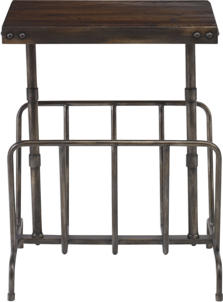 small nesting coffee tables Uttermost Accent & End Tables This Functional Accent Table Features A Convenient Magazine Rack With An Industrial Iron Framework Finished In A Lightly Burnished Brushed Iron With Rivet Accented Corners. Top Is Solid Acacia Wood Finished In A Distressed Warm Walnut Stain.