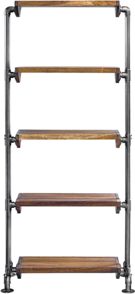 shelf cabinet Uttermost Etagere Featuring Industrial Iron Pipe Framework In Aged Gunmetal, With Shelves In Acacia Wood Wrapped In Okoume Veneer And Finished In A Light Walnut Stain.