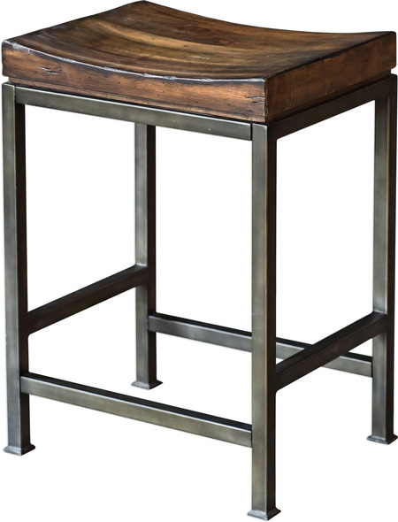 accent chair reading Uttermost Bar & Counter Stools Constructed Of Solid Hardwood, Finished In A Lightly Burnished Dark Walnut Revealing Warm Honey Undertones, Set Atop An Industrial Iron Base Finished In A Lightly Brushed Steel. Seat Height Is 24”.