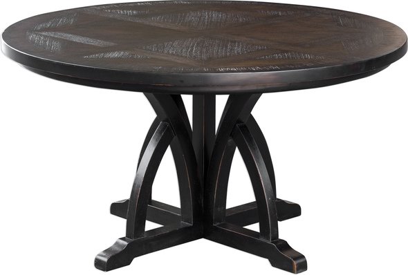 round table and four chairs Uttermost  Dining Table Soft, Weathered Black Finish On Solid Mango Wood Arched Motif Base, With Rub-through Distressing On The Mindi Veneer Inlay Top.