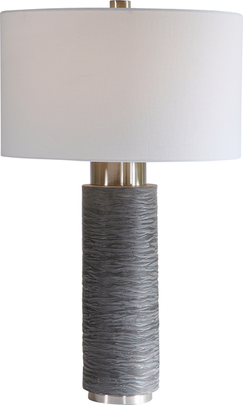 bedroom table lights Uttermost Strathmore Stone Gray Table Lamp Featuring A Stone Gray Faux Marble Base, This Table Lamp Design Exudes A Masculine Luxe Style. The Lamp Is Heavily Textured With Chiseled Like Grooves And Is Paired With Brushed Nickel Accents.