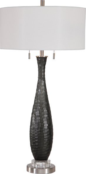 Uttermost Jothan Frosted Black Table Lamp Table Lamps This Table Lamp Showcases A Shapely, Frosted Black Glass Base In A Honeycomb Pattern. Brushed Nickel Hardware And A Crystal Accent On The Foot Create A Clean, Contemporary Look.
