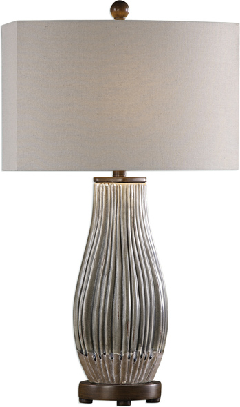 best bed lamp Uttermost Table Lamp Ribbed Ceramic Base Finished In A Crackled, Mushroom Gray, Dripped Glaze Accented With Rustic Bronze Details.