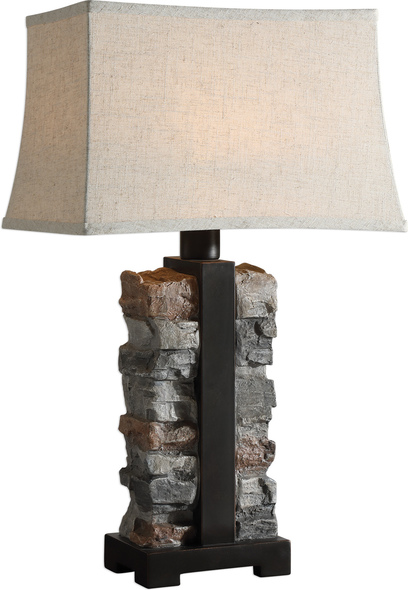 white lamp with shelves Uttermost Stacked Stone Lamp This Indoor/outdoor Lamp Features A Three Dimensional Stacked Stone Design Formed Out Of Molded Concrete, Paired With Rustic Black Metal Details.