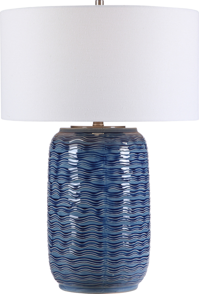 small white lamp shades Uttermost Blue Table Lamp Contemporary Coastal Table Lamp Features A Blue Ceramic Base With Wavy Texture Accented With Brushed Nickel Details.